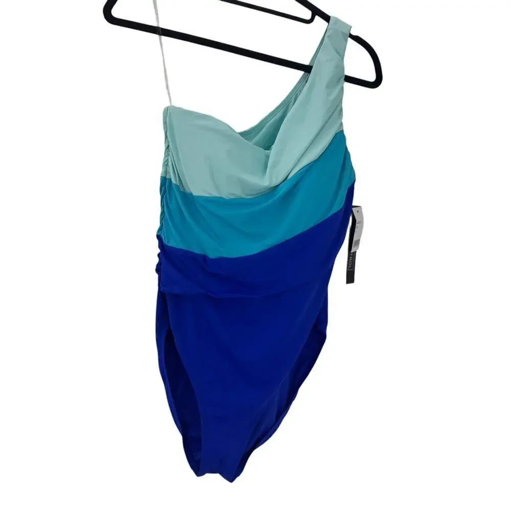 La Blanca Island Goddess Ruched One-Shoulder Swimsuit Ice Blue Size 14 NWT